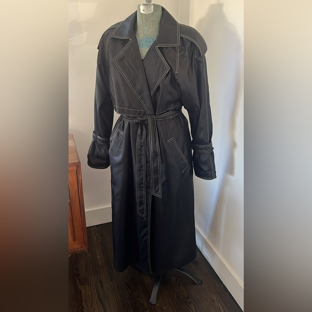 Elegant oversized Leather Look Black Trench Coat with white stitching